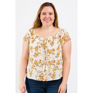 No Boundaries Women's Floral Peasant Blouse - Short Sleeve, Size XL